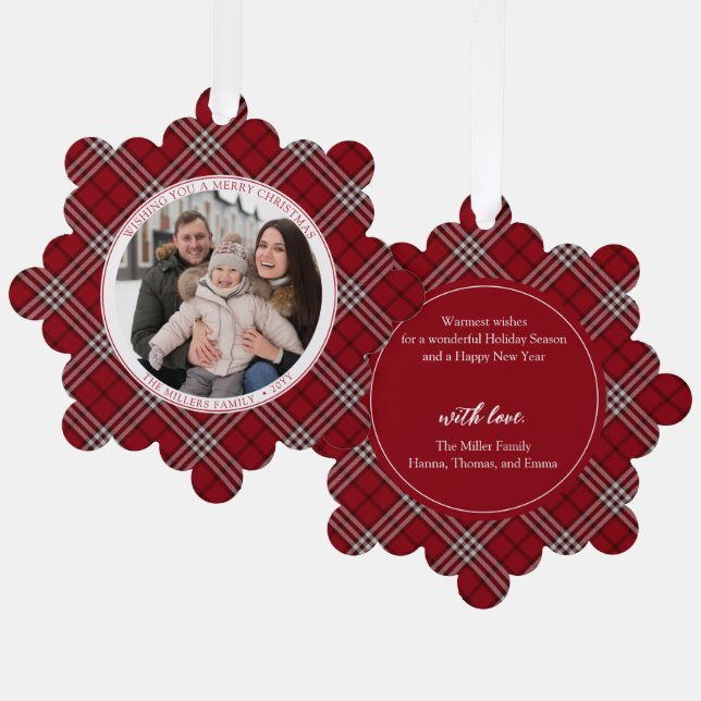 Red Plaid Family Photo Paper Ornament Card (Front/Back)