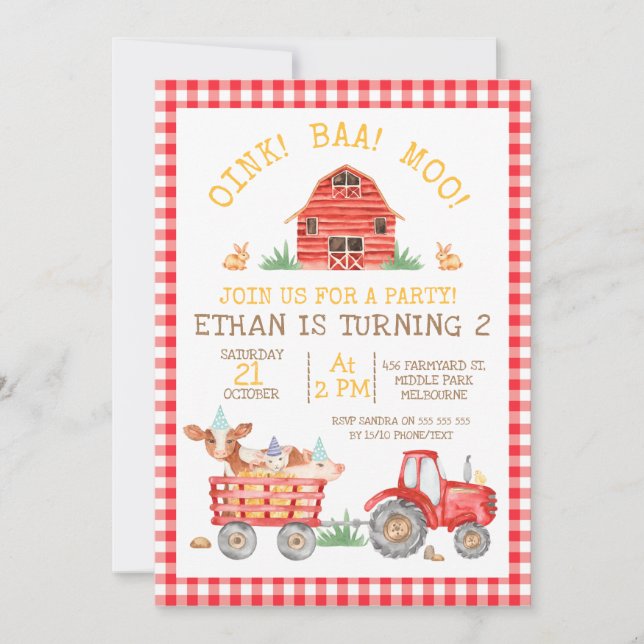 Red Plaid Farm Animals Tractor Birthday Invitation (Front)