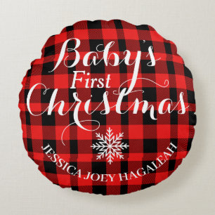 Red Plaid First Christmas Personalized Baby Photo Round Pillow