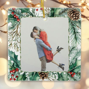 Red Plaid Gingham photo 1st Christmas Married Ceramic Ornament