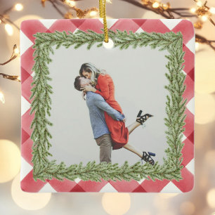 Red Plaid Gingham photo 1st Christmas Married Ceramic Ornament
