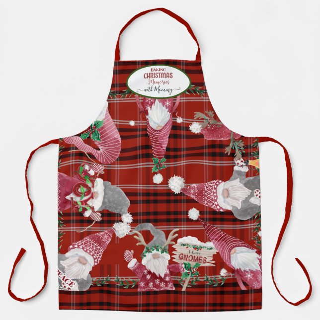 Red Plaid Gnomes Baking Christmas Memories Mommy Apron (Front)