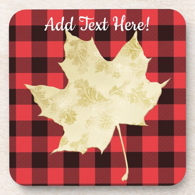 Red Plaid Gold Maple Leaf Coaster (Front)