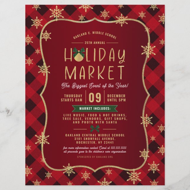 Red Plaid Gold Snowflake Holiday Market Flyer (Front)