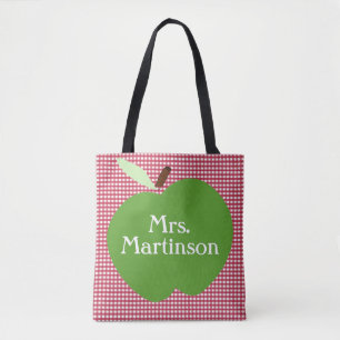 Red Plaid / Green Apple / Personalized Teacher Tote Bag