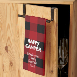 Red Plaid Happy Camper Family Reunion Kitchen Towel