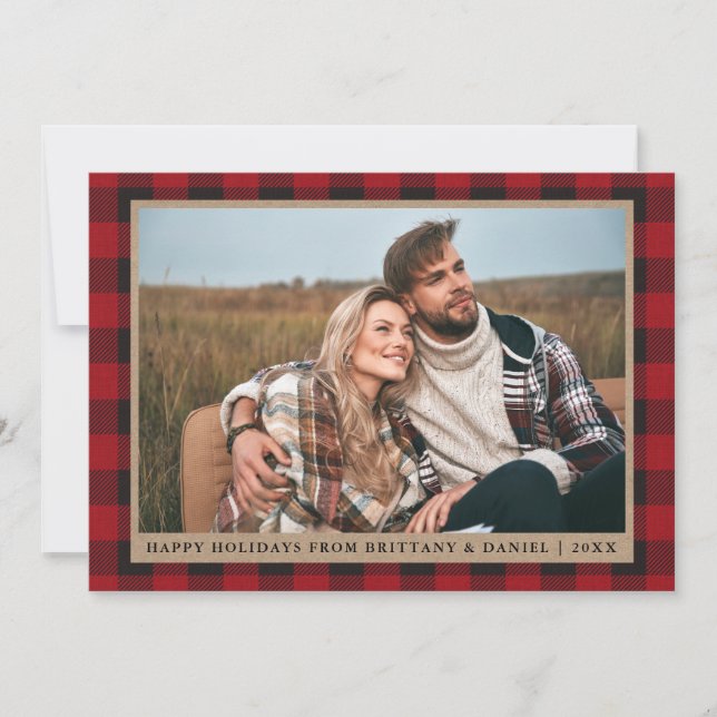Red Plaid Happy Holidays Kraft Couple Photo Holiday Card (Front)