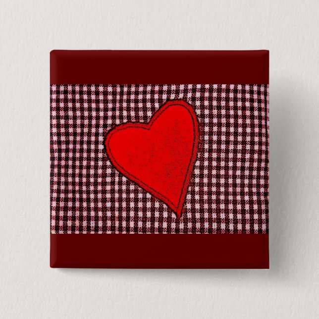Red Plaid Heart 2 Inch Square Button (Front)