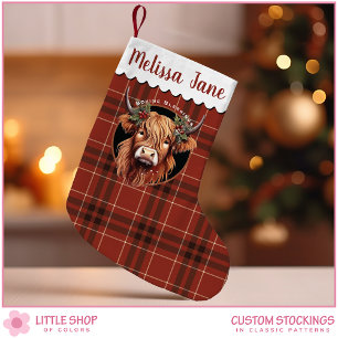 Red Plaid Highland Cow Monogram Small Christmas Stocking