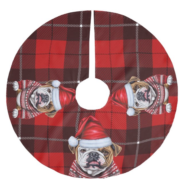 Red Plaid Holiday Bulldog Christmas Brushed Polyester Tree Skirt (Front)