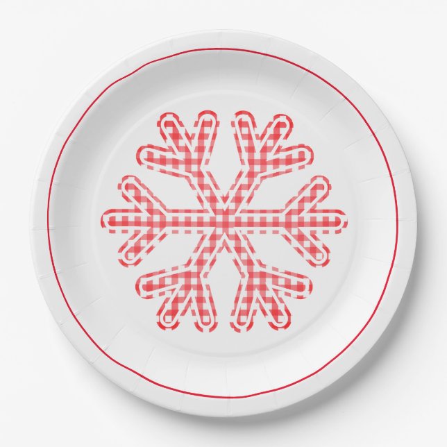 Red Plaid Holiday Snowflake Christmas Paper Plate (Front)
