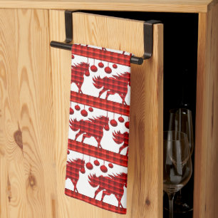 Red Plaid Horses and Ornaments Kitchen Towel
