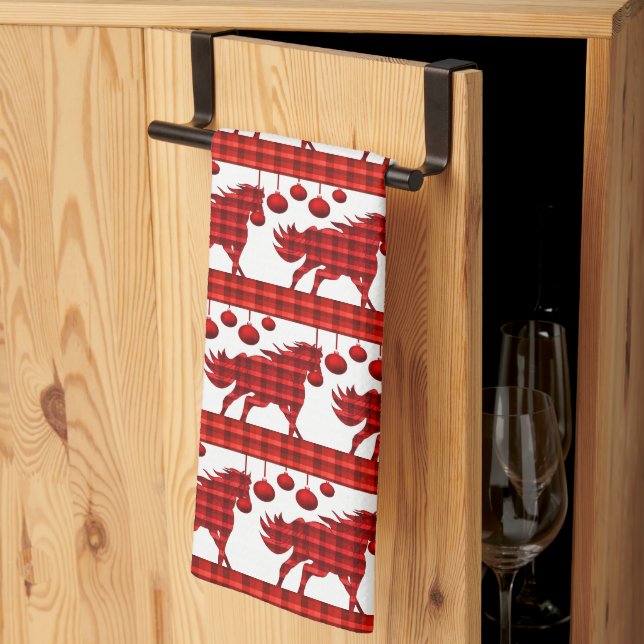 Red Plaid Horses and Ornaments  Kitchen Towel (Thirds Fold)