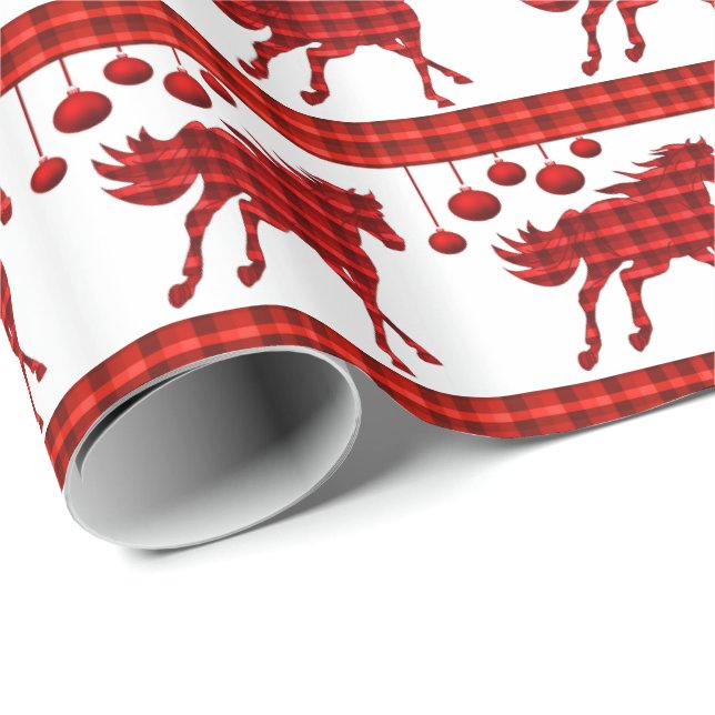Red Plaid Horses and Ornaments Wrapping Paper (Roll Corner)