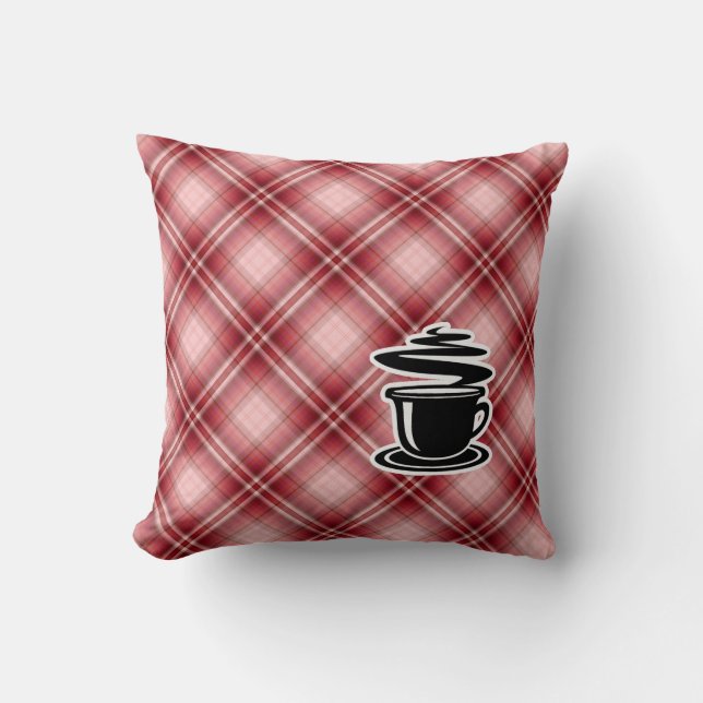 Red Plaid Hot Coffee Throw Pillow (Front)