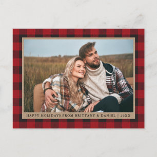 Red Plaid Kraft Couple Photo Happy Holidays Postcard