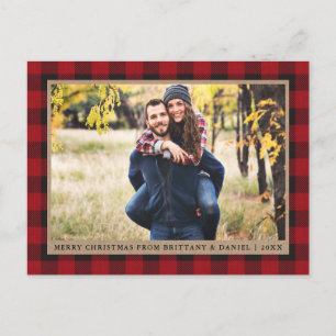 Red Plaid Kraft Couple Photo Merry Christmas Postcard