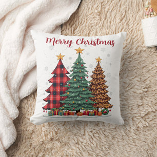 red plaid & leopard merry christmas tree throw pillow