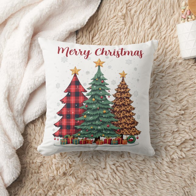 red plaid & leopard merry christmas tree throw pillow (Creator Uploaded)