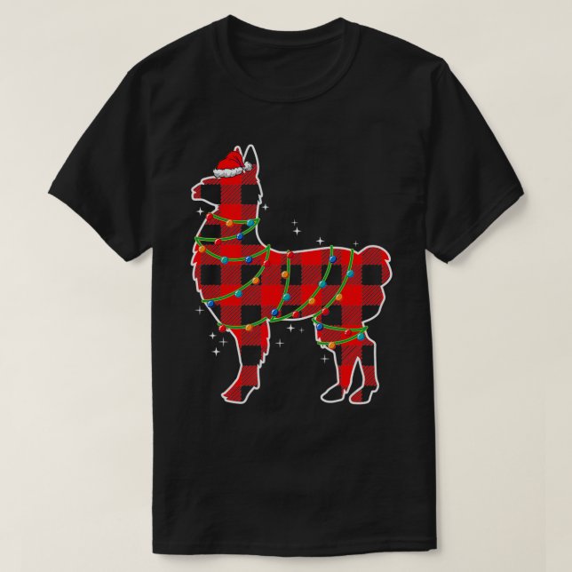 Red Plaid Llama Christmas Lights Funny Llama Santa T-Shirt (Design Front)