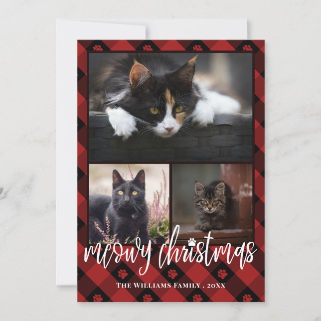 Red Plaid Meowy Christmas Photo Collage Holiday Card (Front)