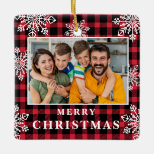 Red Plaid Merry Christmas Family Photo Snowflakes  Ceramic Ornament