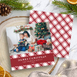 Red Plaid Merry Christmas Flat Holiday Card<br><div class="desc">Red Plaid Merry Christmas Flat Holiday Card. This festive Christmas card features a watercolor red and white buffalo check plaid pattern with text and a photo for personalizing. Find matching items in the Christmas Watercolor Buffalo Plaid Holiday Cards.</div>