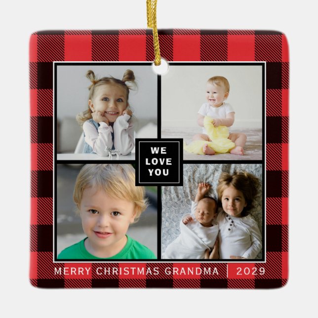 Red Plaid|Merry Christmas Grandma|Photo Collage Ceramic Ornament (Front)