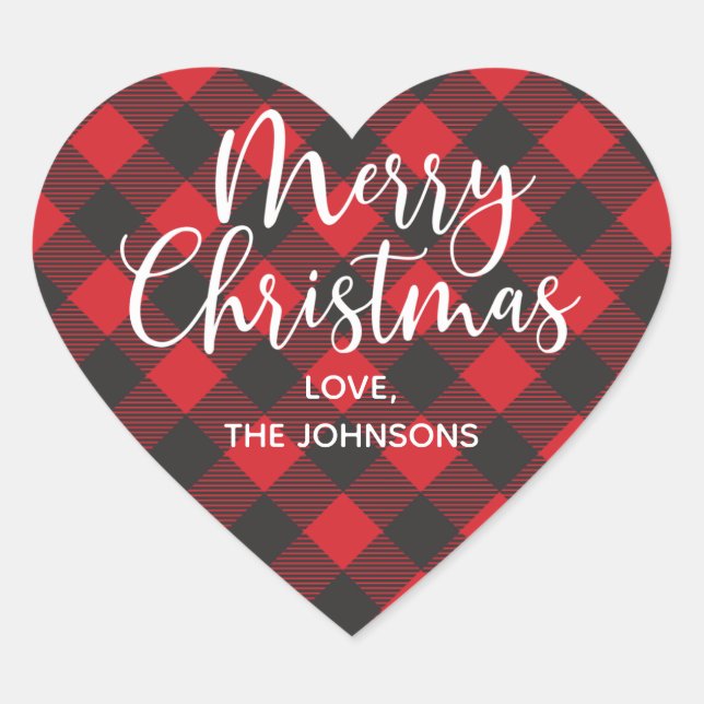 Red Plaid Merry Christmas Heart Sticker (Front)