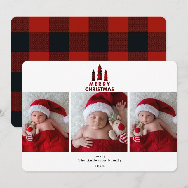 Red Plaid Merry Christmas Holiday 3 Photos Photo Invitation (Front/Back)