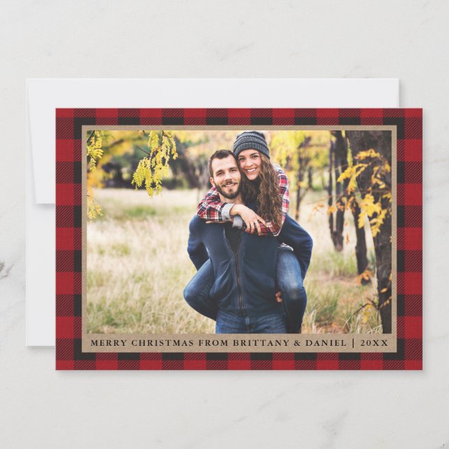 Red Plaid Merry Christmas Kraft Couple Photo Holiday Card (Front)