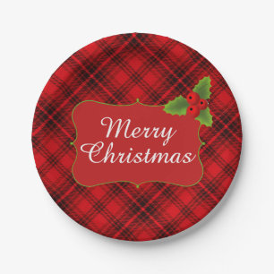 Red Plaid Merry Christmas Party Paper Plate