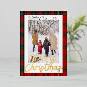Red Plaid Merry Christmas Photo Foil Holiday Card