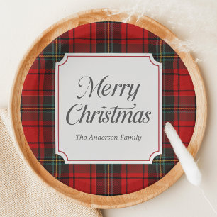 Red Plaid Merry Christmas Round Paper Plate