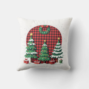 red plaid merry christmas tree throw pillow