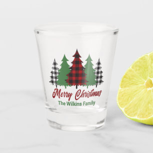 Red Plaid Merry Christmas Trees Custom Party Shot Glass