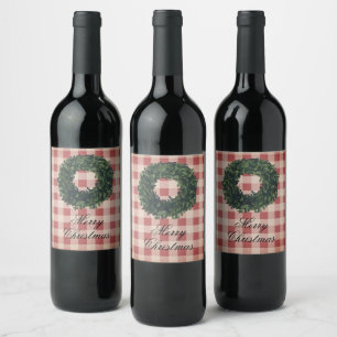 Red Plaid Merry Christmas Typography Wreath Wine Label