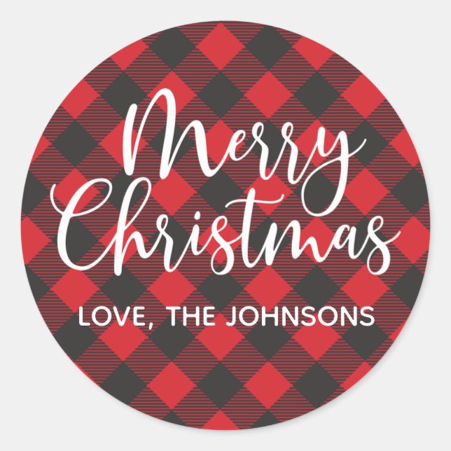 Red Plaid Merry Christmas Typograpy Script Classic Round Sticker (Front)