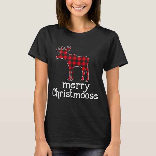 Red Plaid Merry Christmoose Christmas Moose Lovers T-Shirt (Front)