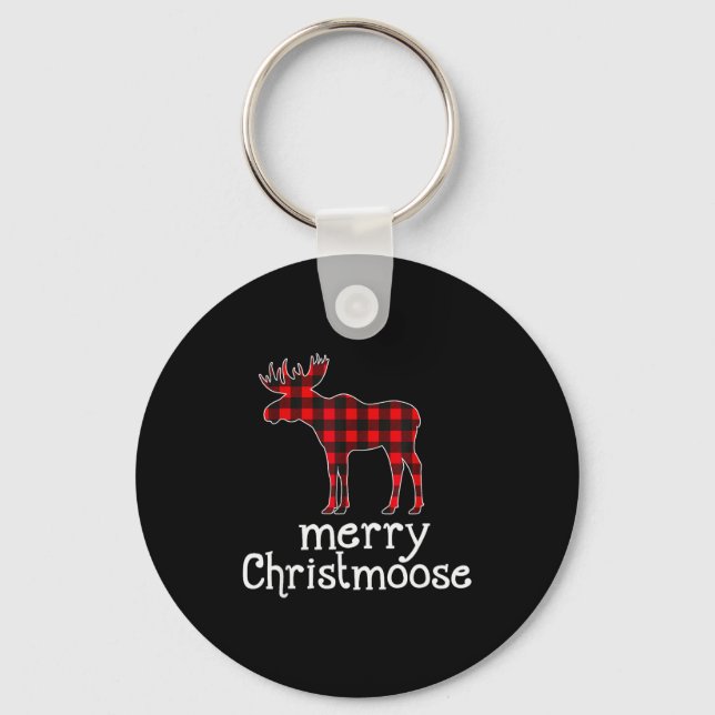 Red Plaid Merry Christmoose Christmas T Shirt Moos Keychain (Front)