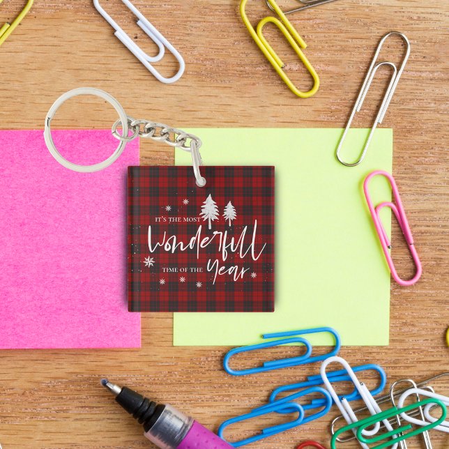Red Plaid Merveilleux Moment De L'Année Cadeau De  (Red Plaid Wonderful Time Of Year Christmas Gift Keychain)