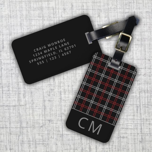 Red Plaid Modern Monogrammed Simple Initials Luggage Tag (Creator Uploaded)
