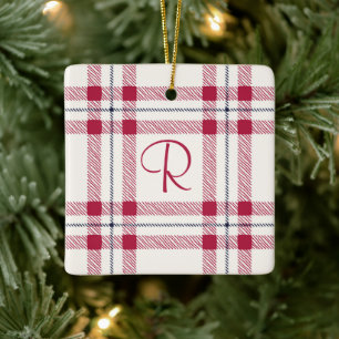 Red Plaid Monogram Farmhouse Country Christmas Ceramic Ornament