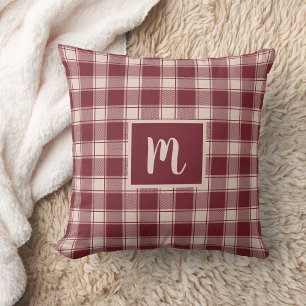 Red Plaid Monogram Throw Pillow