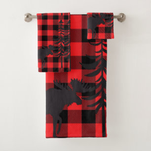 Red Plaid Moose Silhouette Bath Towel Set