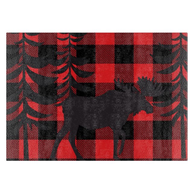 Red Plaid Moose Silhouette Cutting Board (Front)