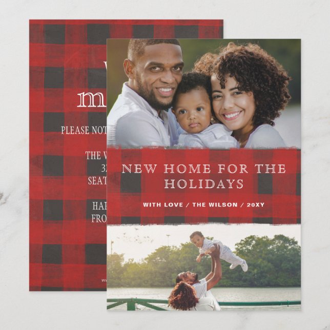 Red Plaid New Home for Holidays Photo Moving Holiday Card (Front/Back)