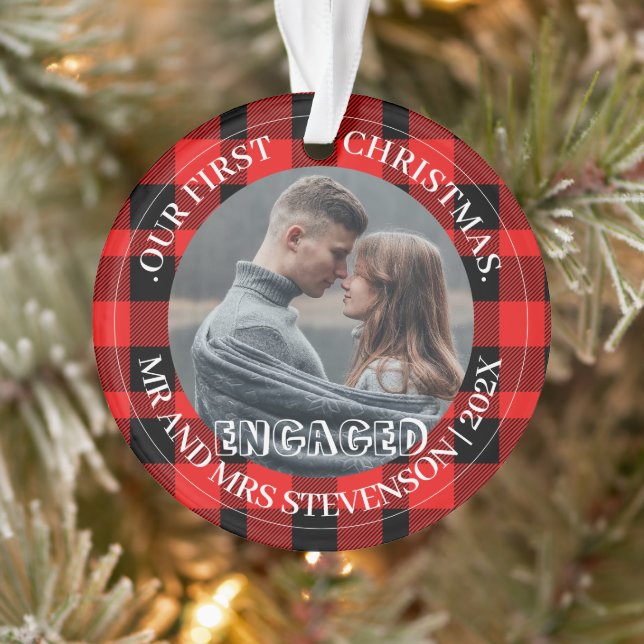 Red Plaid Our first Christmas Mr. and Mrs. 2 Photo Ornament (Tree)