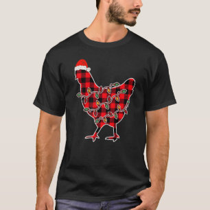 Red Plaid Pajama Chicken Santa Hat Christmas Light T-Shirt