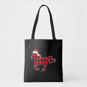 Red Plaid Pajama Horse Santa Hat Christmas Gift Tote Bag
